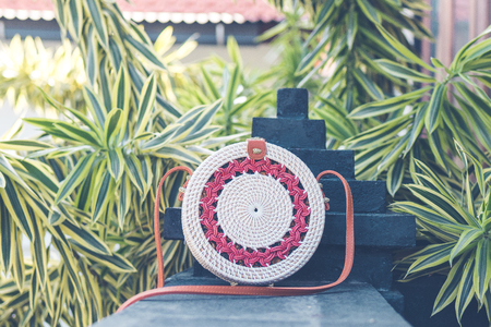 Natural organic handmade rattan handbag closeup.の写真素材