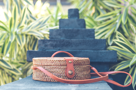 Natural organic handmade rattan handbag closeup. Nude.の写真素材