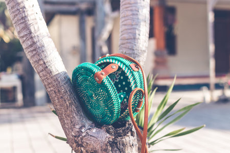 Natural organic handmade rattan handbag closeup.