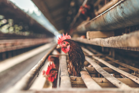 Chickens in the cage on chicken farm. Chicken eggs farm. Bali island.