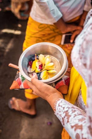 Balinese offering to gods on a big traditional ceremony in Ubud. Bali island. Indonesia.の写真素材