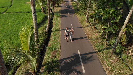 Aerial view of young couple of tourists walking on the road among coconut palms. Bali island.の写真素材