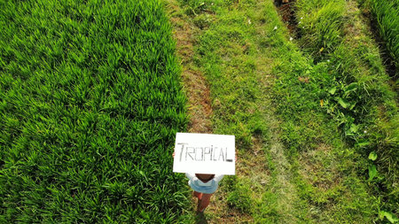 Young woman outdoors with whiteboard and handwriting word tropical on it. Drone flying footage....