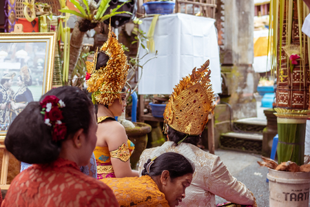 BALI, INDONESIA - JANUARY 2, 2019: People on a traditional balinese wedding ceremony.のeditorial素材