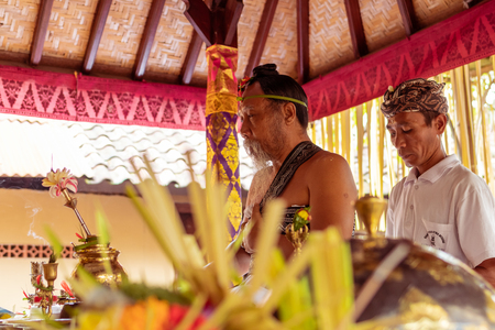 BALI, INDONESIA - JANUARY 2, 2019: People on a traditional balinese wedding ceremony.のeditorial素材