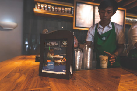 BALI, INDONESIA - FEBRAURY 19, 2019: Starbucks restaurant in the south Kuta, Bali island, Beachwalk...