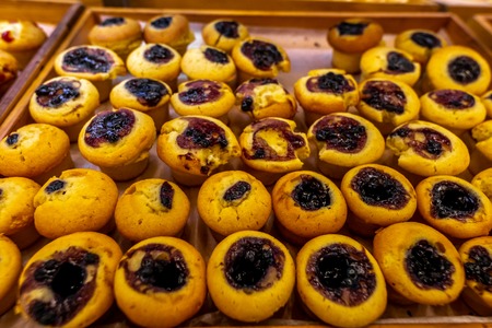 Closeup of fresh bakery products in the shop. Wheat, bake, food.の写真素材