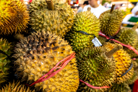 Fresh exotic tropical fruit durian on sale on a local market, Bali island.の写真素材