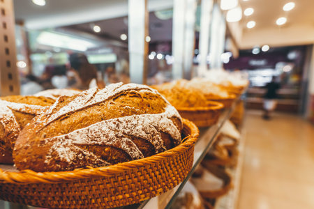 Closeup of bread in the bakery shop. Fresh bread. Organic bread background. Bali island.
