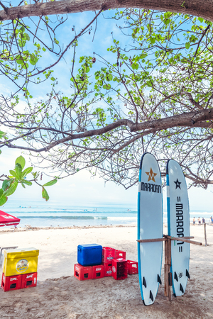 BALI, INDONESIA - FEBRUARY 19, 2019: Surf boards on the tropical beach of Bali island. Indonesia.のeditorial素材