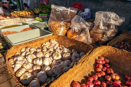 Organic garlic on a local asian food market. Bali island. Indonesia.の写真素材