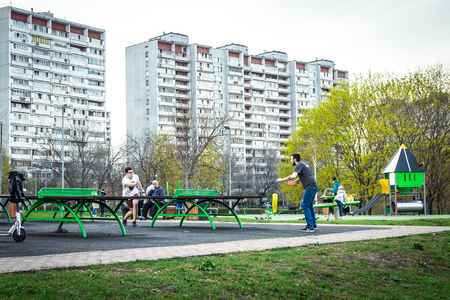 MOSCOW, RUSSIA - MAY 1, 2019: People playing table tennis outdoors in the park, Moscow city.のeditorial素材