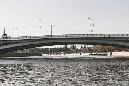 Metal bridge. Construction, river, iron. Moscow, Russia.の写真素材