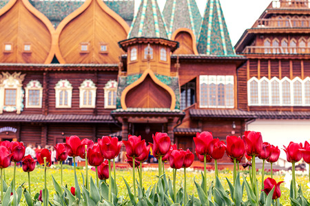 MOSCOW, RUSSIA - MAY 15, 2019: Wooden house in Kolomna park. Sunny day at spring time.のeditorial素材