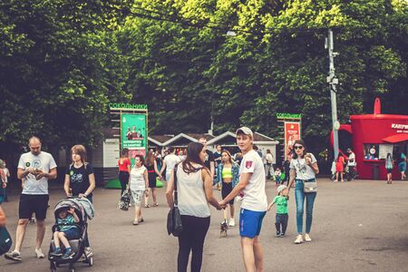 MOSCOW, RUSSIA - JUNE 2, 2019: Young romantic couple in the Sokolniki park.のeditorial素材