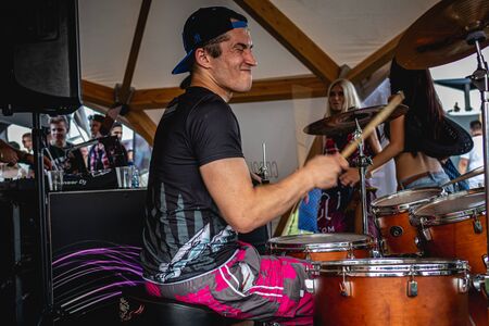 MOSCOW, RUSSIA - JULY 27, 2019: The drummer at JohnCalliano hookah fest.のeditorial素材