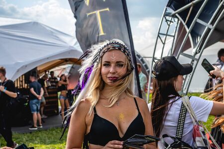 MOSCOW, RUSSIA - JULY 27, 2019: Go go dance outdoor. Young and sexy woman at JohnCalliano hookah fest.のeditorial素材