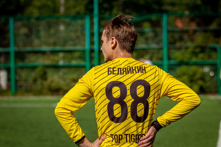 MOSCOW, RUSSIA - AUGUST 24, 2019: Soccer players in game. Amateur league in Moscow.