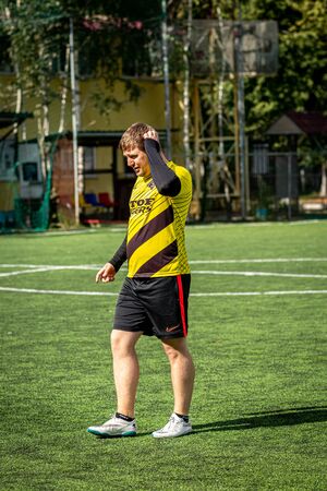 MOSCOW, RUSSIA - AUGUST 24, 2019: Soccer players in game. Amateur league in Moscow.のeditorial素材