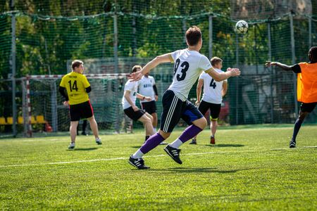 MOSCOW, RUSSIA - AUGUST 24, 2019: Soccer players in game. Amateur league in Moscow.のeditorial素材