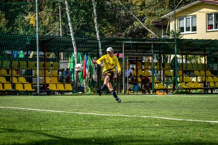 MOSCOW, RUSSIA - AUGUST 24, 2019: Soccer players in game. Amateur league in Moscow.のeditorial素材