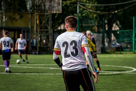 MOSCOW, RUSSIA - AUGUST 24, 2019: Soccer players in game. Amateur league in Moscow.のeditorial素材