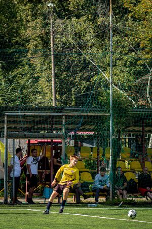 MOSCOW, RUSSIA - AUGUST 24, 2019: Soccer players in game. Amateur league in Moscow.のeditorial素材