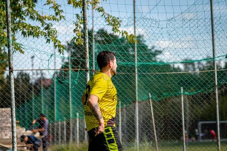 MOSCOW, RUSSIA - AUGUST 24, 2019: Soccer players in game. Amateur league in Moscow.のeditorial素材