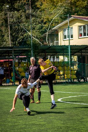 MOSCOW, RUSSIA - AUGUST 24, 2019: Soccer players in game. Amateur league in Moscow.のeditorial素材