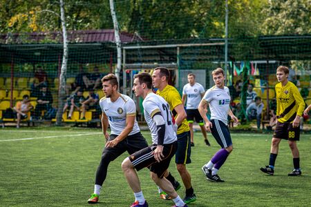 MOSCOW, RUSSIA - AUGUST 24, 2019: Soccer players in game. Amateur league in Moscow.のeditorial素材
