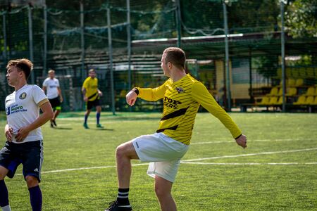 MOSCOW, RUSSIA - AUGUST 24, 2019: Soccer players in game. Amateur league in Moscow.のeditorial素材