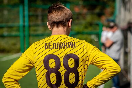 MOSCOW, RUSSIA - AUGUST 24, 2019: Soccer players in game. Amateur league in Moscow.のeditorial素材