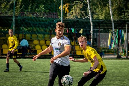 MOSCOW, RUSSIA - AUGUST 24, 2019: Soccer players in game. Amateur league in Moscow.のeditorial素材