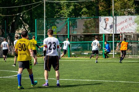 MOSCOW, RUSSIA - AUGUST 24, 2019: Soccer players in game. Amateur league in Moscow.のeditorial素材