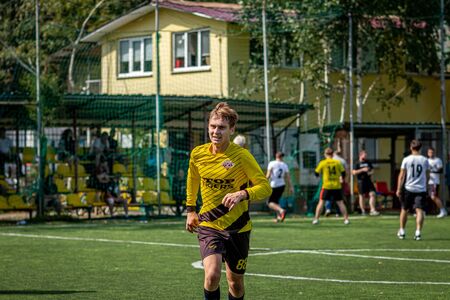 MOSCOW, RUSSIA - AUGUST 24, 2019: Soccer players in game. Amateur league in Moscow.のeditorial素材