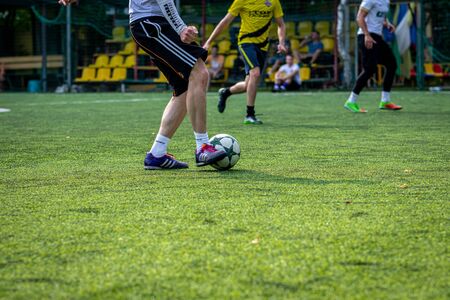 MOSCOW, RUSSIA - AUGUST 24, 2019: Soccer players in game. Amateur league in Moscow.のeditorial素材