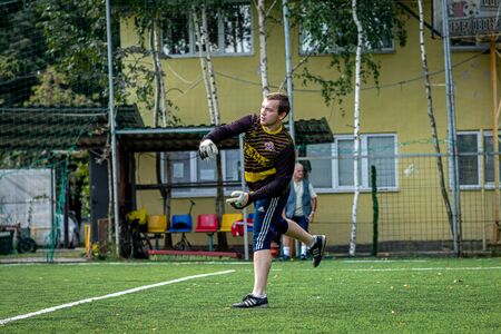 MOSCOW, RUSSIA - AUGUST 24, 2019: Soccer players in game. Amateur league in Moscow.のeditorial素材