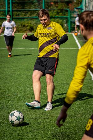 MOSCOW, RUSSIA - AUGUST 24, 2019: Soccer players in game. Amateur league in Moscow.のeditorial素材