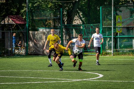 MOSCOW, RUSSIA - AUGUST 24, 2019: Soccer players in game. Amateur league in Moscow.のeditorial素材