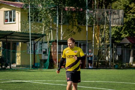 MOSCOW, RUSSIA - AUGUST 24, 2019: Soccer players in game. Amateur league in Moscow.のeditorial素材