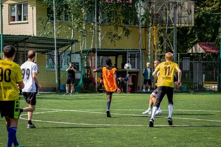 MOSCOW, RUSSIA - AUGUST 24, 2019: Soccer players in game. Amateur league in Moscow.のeditorial素材