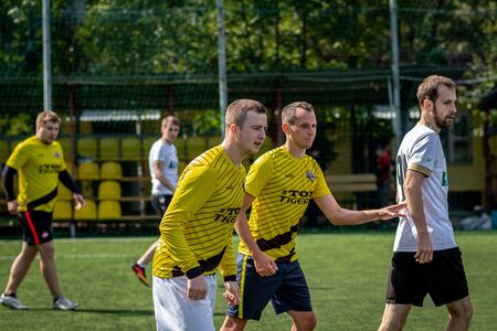 MOSCOW, RUSSIA - AUGUST 24, 2019: Soccer players in game. Amateur league in Moscow.のeditorial素材