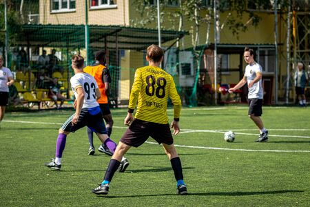 MOSCOW, RUSSIA - AUGUST 24, 2019: Soccer players in game. Amateur league in Moscow.のeditorial素材