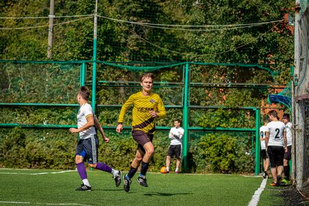 MOSCOW, RUSSIA - AUGUST 24, 2019: Soccer players in game. Amateur league in Moscow.のeditorial素材