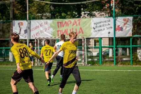 MOSCOW, RUSSIA - AUGUST 24, 2019: Soccer players in game. Amateur league in Moscow.のeditorial素材