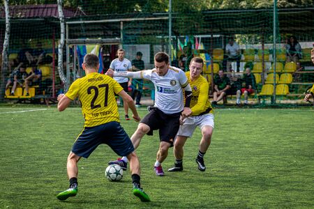 MOSCOW, RUSSIA - AUGUST 24, 2019: Soccer players in game. Amateur league in Moscow.のeditorial素材