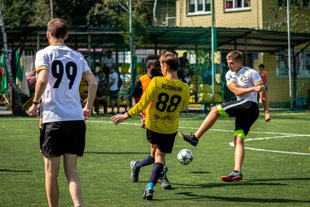 MOSCOW, RUSSIA - AUGUST 24, 2019: Soccer players in game. Amateur league in Moscow.のeditorial素材
