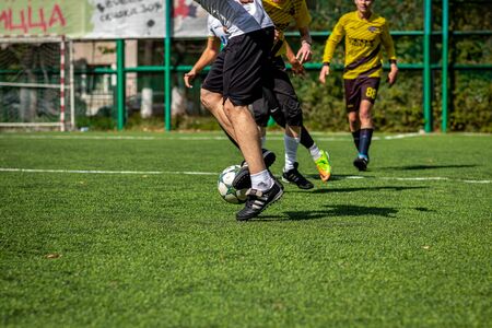 MOSCOW, RUSSIA - AUGUST 24, 2019: Soccer players in game. Amateur league in Moscow.のeditorial素材