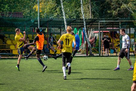 MOSCOW, RUSSIA - AUGUST 24, 2019: Soccer players in game. Amateur league in Moscow.のeditorial素材