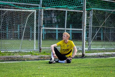 MOSCOW, RUSSIA - AUGUST 24, 2019: Soccer players in game. Amateur league in Moscow.のeditorial素材